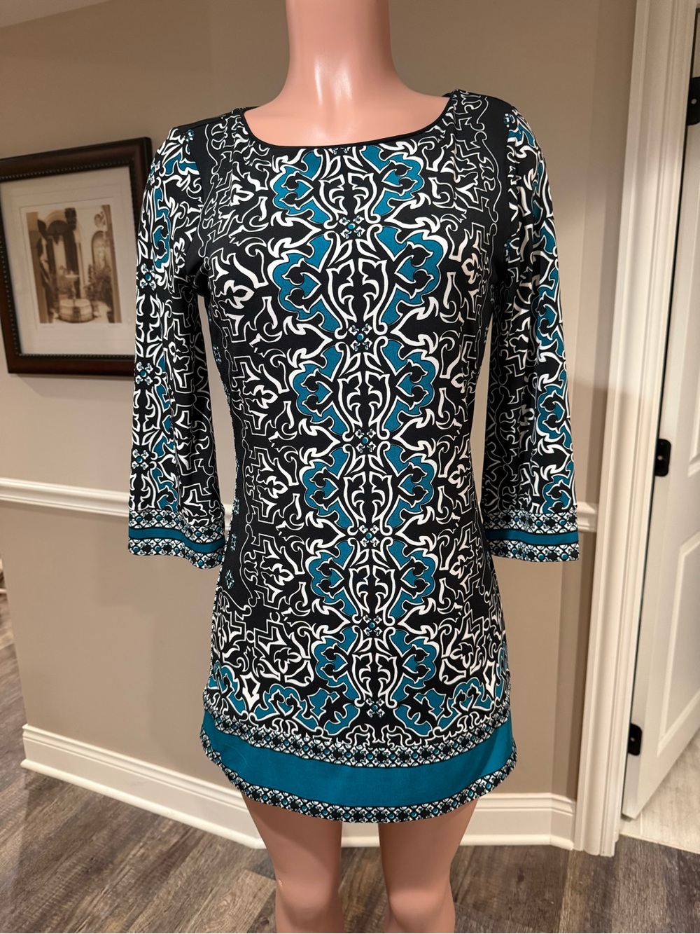White House Black Market Black & Teal Geometric Print Mini Dress